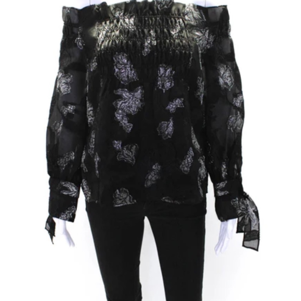 Rebecca Taylor Black Silk Smocked Ruffled Blouse Metallic Floral Print